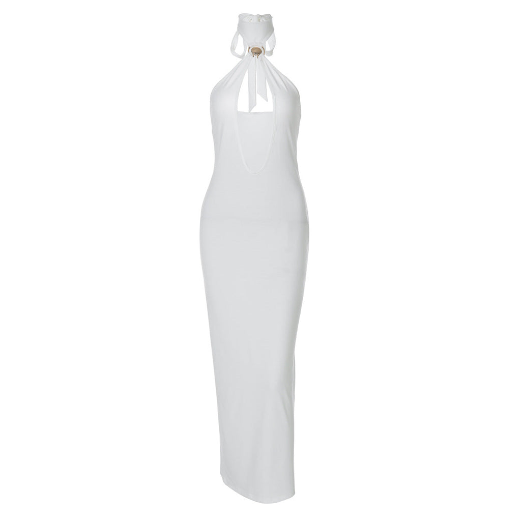 Women Clothing Winter Solid Color Tied Halter Sexy Cutout Slim Fit Dress Bella Mia