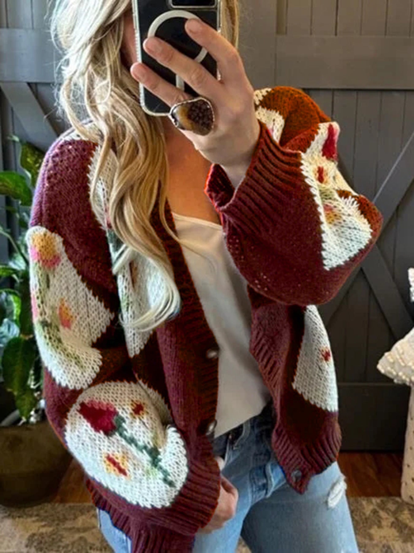 Contrast Color Floral Jacquard Single Breasted Women Autumn/Winter Casual Knitted Sweater Coat Bella Mia