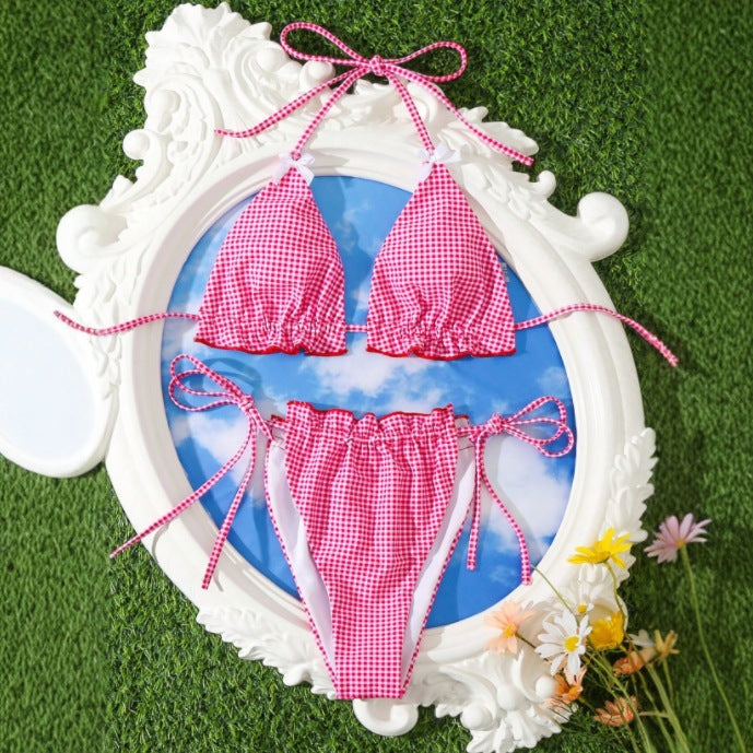 Sweet Sexy Bow Floral Plaid Split Vacation Swimsuit Women Bikini Bella Mia