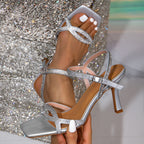 Elegant Silver Women Sandals Rhinestone Ornament Hollow Out Cutout out Ankle Strap High Heel Sandals Cross Bella Mia