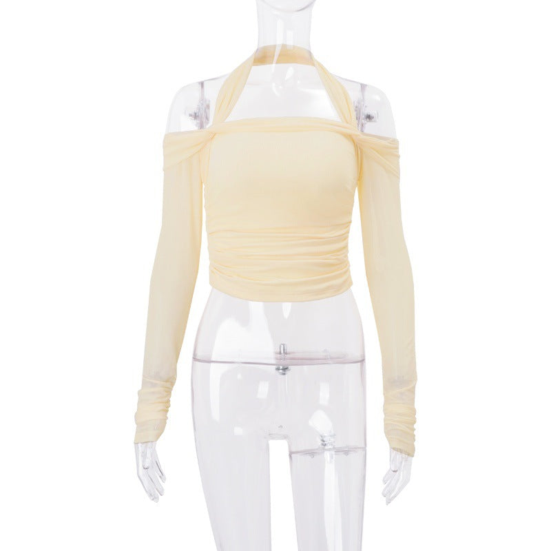 Women Clothing Autumn Sexy off Neck Solid Color Halter Cropped Long Sleeve Top for Women Bella Mia