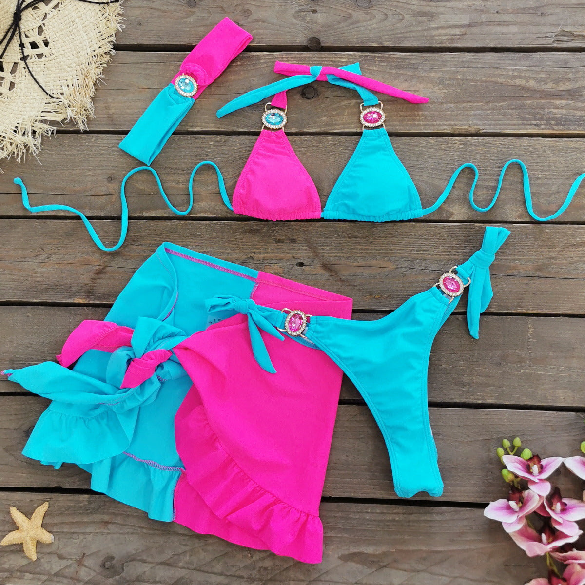 Solid Color Stitching Three Point Bikini Skirt Three Piece Suit Split Swimsuit Women Bella Mia