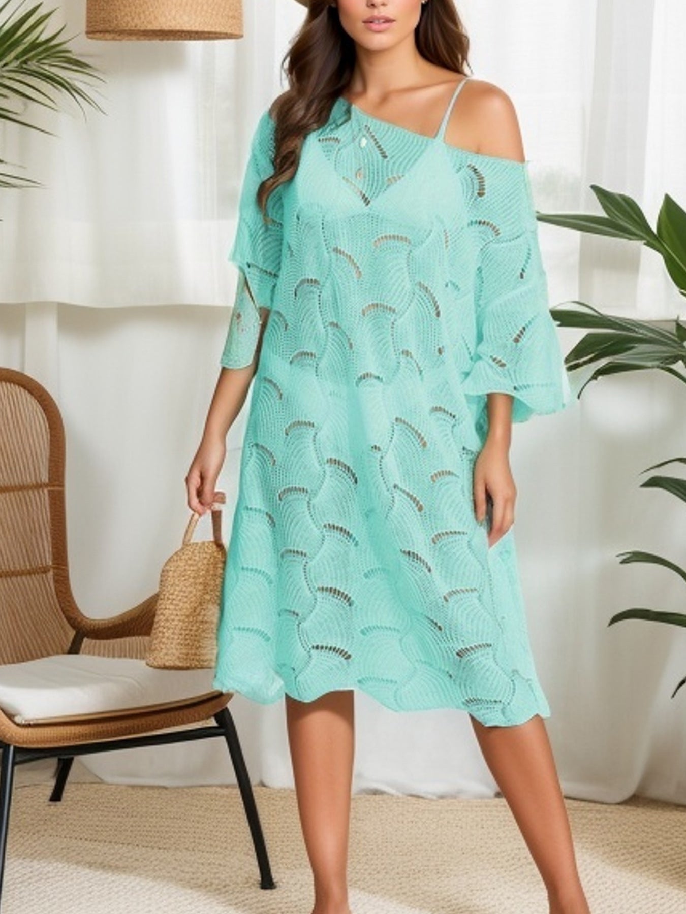 Summer Holiday Dress Sexy off-Neck Hollow Out Cutout-out Knitted Swimsuit Sun Protection Blouse for Women Crochet hook Crochet hook Crochet hook Bella Mia