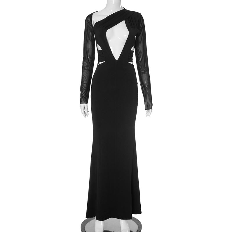 Women Clothing Fall Mesh Stitching Long Sleeves Sexy Cutout Waist Slimming Maxi Dress Bella Mia