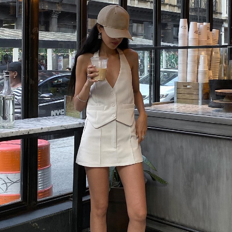 Women Clothing Summer Sexy Small Suit Faux Pocket Halterneck Vest A Line Skirt Set Women Bella Mia