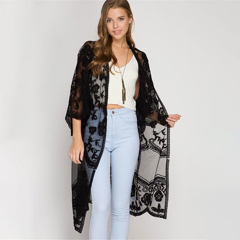 Lace Mesh Embroidered Beach Cover up Sexy Cardigan Sunscreen Beach Bella Mia