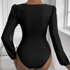 Women Clothing Black Mesh Stitching V neck Jumpsuit Bella Mia