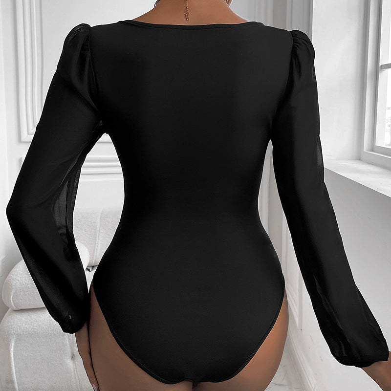 Women Clothing Black Mesh Stitching V neck Jumpsuit Bella Mia