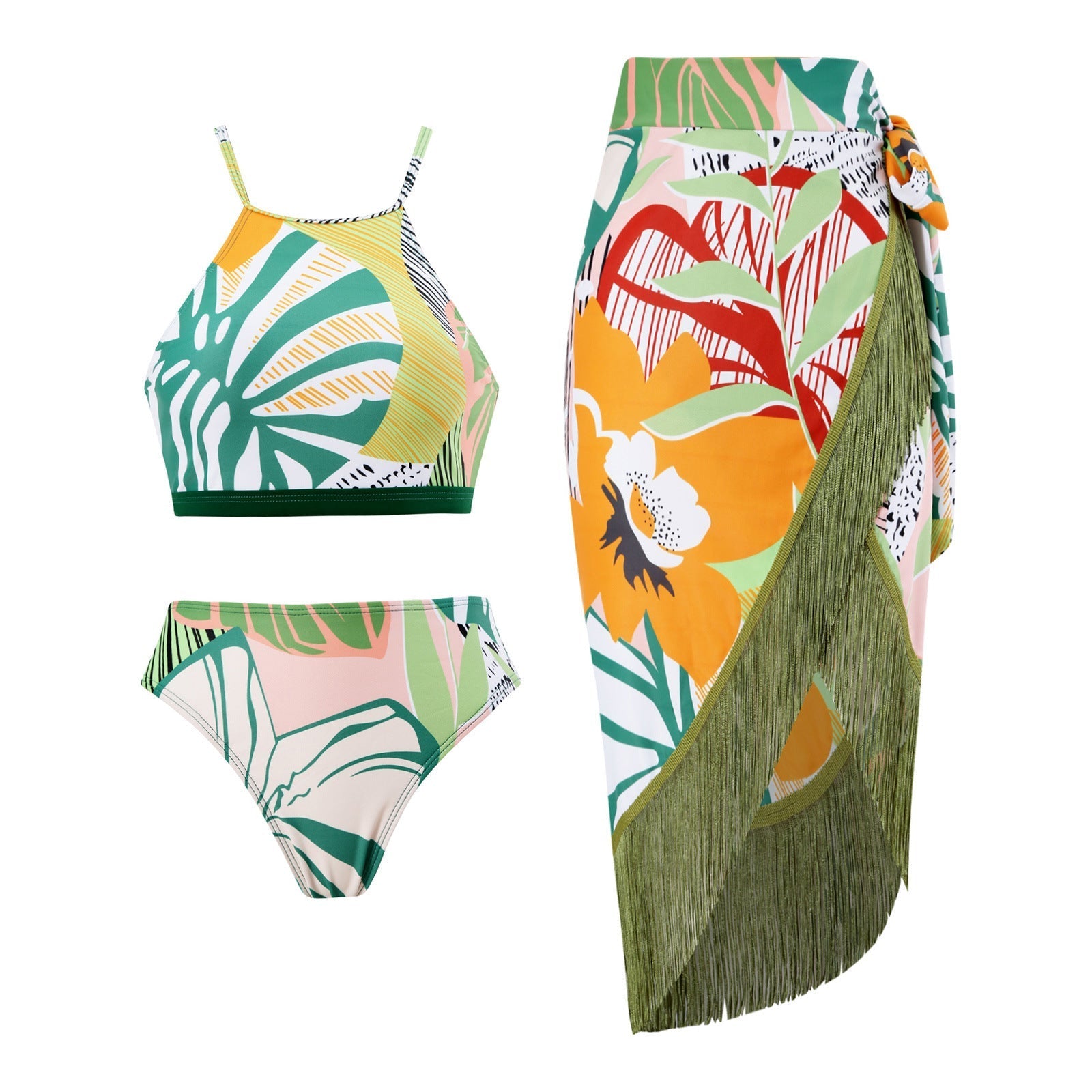 Retro One Piece Swimsuit Women's Conservative Cover Belly Thin Skirt Spring Tassel Beach Skirt Set Bella Mia