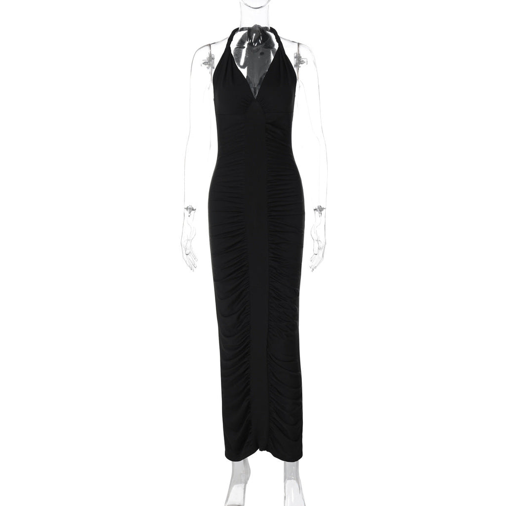 Women Clothing Winter Sexy V neck Backless Lace up Slim Fit Pleated Dress Bella Mia
