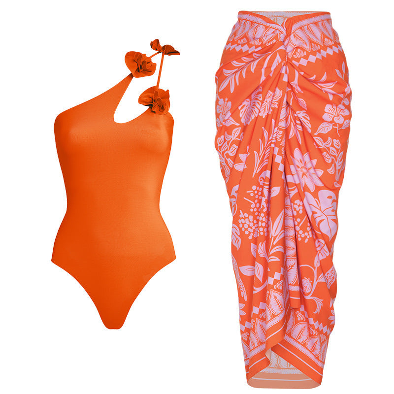 Color Matching Floral Decoration Hollow Out Cutout Tube Top One Piece Swimsuit Suit Skirt Women Bella Mia