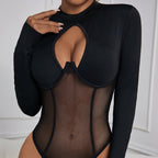 Backless Round Neck Hollow Out Cutout Sexy Mesh Slim Fit Patchwork Inner Push Up Jumpsuit Bella Mia