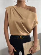 Spring Solid Color Satin Artificial Silk Irregular Asymmetric Shoulder off Shoulder Pullover Sleeveless Shirt Women Clothing Bella Mia