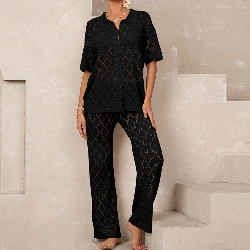Beach Short Sleeved Shirt Trousers Hollow Out Cutout out See through Casual Knitted Vacation Elegant Sun Protective Blouse Two Piece Sets Bella Mia