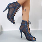 Plus Size Mesh Peep Toe High Heel Sandal Boots Women Lace up Stiletto Heel Breathable Sandals Bella Mia