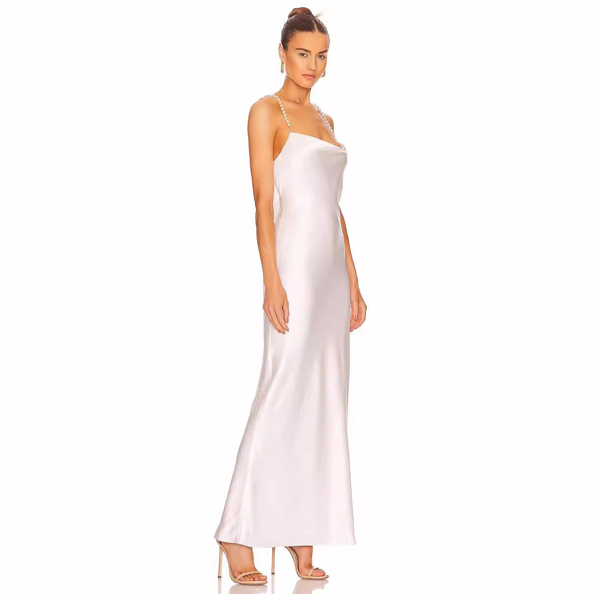 French White Bead Necklace Evening Dress Silk Satin Texture Women Sexy Backless Elegant Party Dress