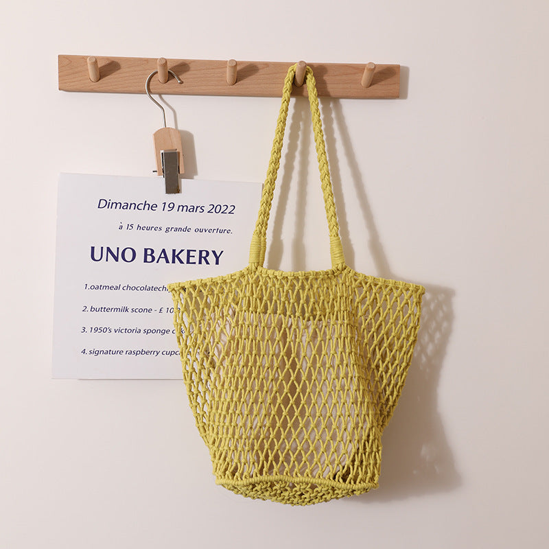 Simple Korean Cotton Woven Bag Large Capacity Mesh Shoulder Straw Bag Handmade Niche Women Bag Casual Vacation Beach Bag Bella Mia