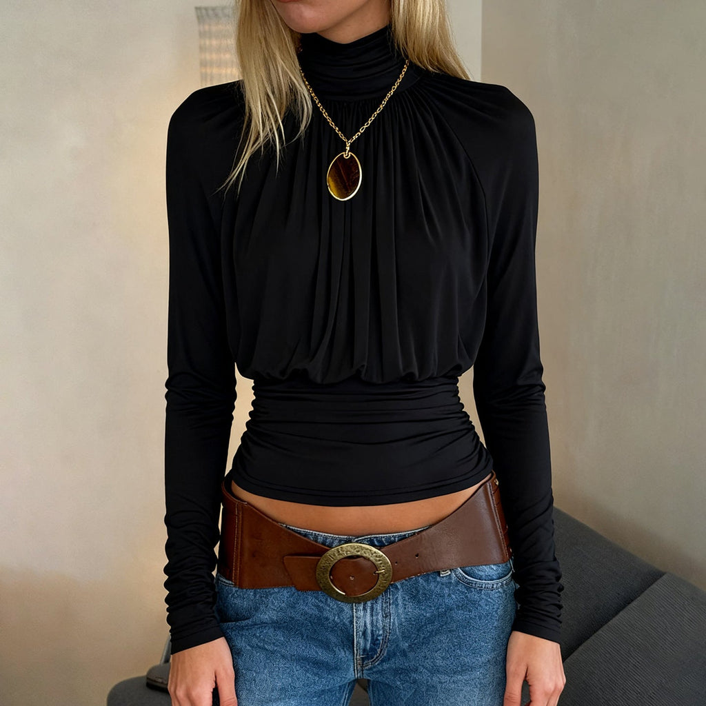 Dark Sexy Black with High Collar Long Sleeve Casual Top Short Waist Controlled Slimming Long Sleeve T shirt Women Autumn Bella Mia