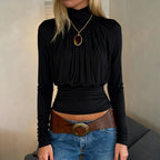 Dark Sexy Black with High Collar Long Sleeve Casual Top Short Waist Controlled Slimming Long Sleeve T shirt Women Autumn Bella Mia