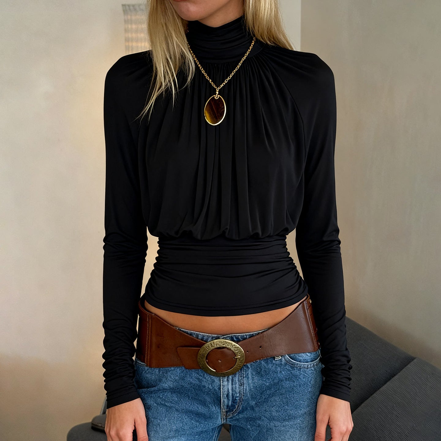 Dark Sexy Black with High Collar Long Sleeve Casual Top Short Waist Controlled Slimming Long Sleeve T shirt Women Autumn Bella Mia