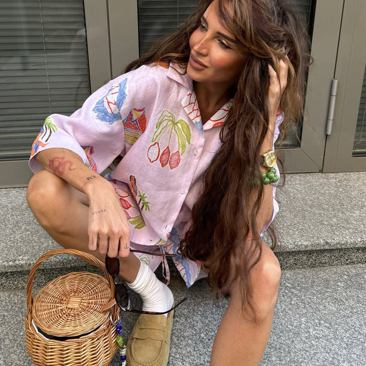 Summer Women Digital Printing Casual Shirt Outfit Collared Short Sleeve Cardigan Top Shorts Two Piece Set Bella Mia