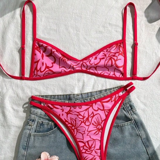 Ladies Bikini Two Piece Set Red Floral Summer Women Beach Split Swimsuit Bella Mia