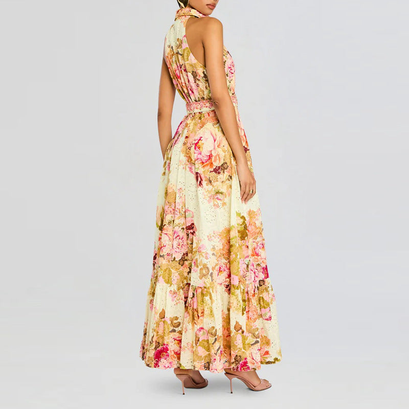 Retro Elegance Floral Printed Dress Summer Waist Slimming Sleeveless Lace up Dress