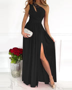 New Sexy Solid Color off Shoulder Hollow Out Cutout out Halter High Waist Slit Maxi Dress for Women Bella Mia