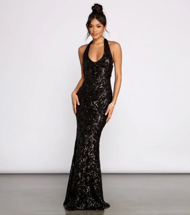 Women Clothing Sexy Hanging Collar Sequ Dress All Matching Formal Dress Bella Mia