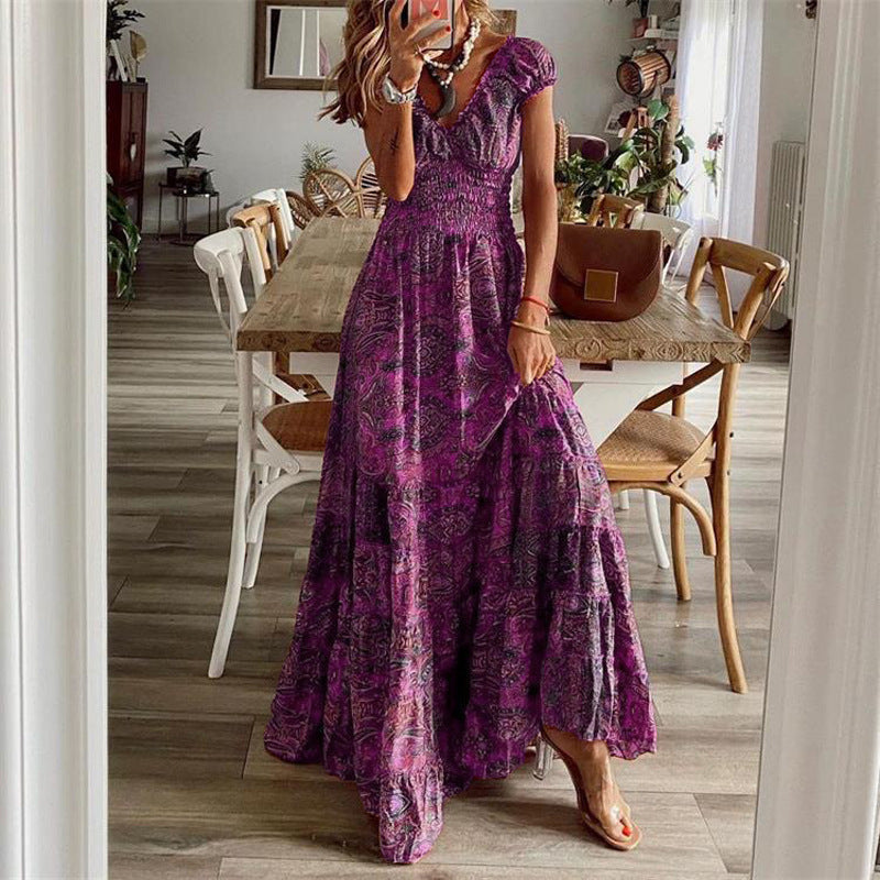 Bohemian Summer Maxi Dress High Waist V Neck Floral Print Large Swing Dress