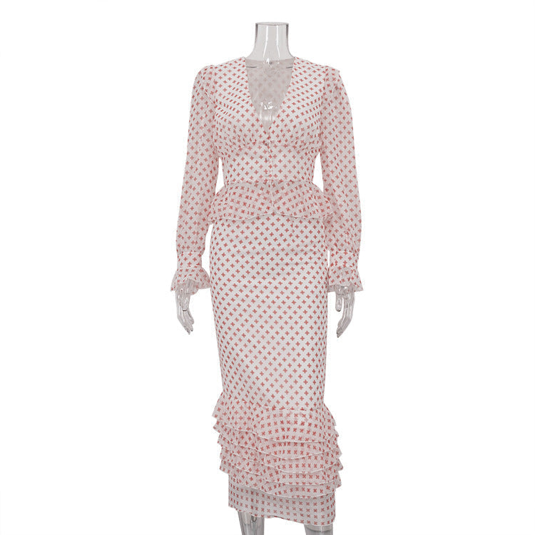 Women Clothing V neck Long Sleeve Waist-Controlled Top Printed Two Piece Skirt Set Bella Mia