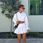 Women Clothing Outfit White Collared Bell Sleeve Short Top Pleated Skirt Two Piece Sets Bella Mia