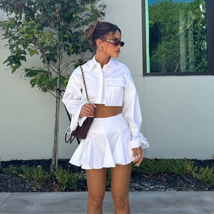 Women Clothing Outfit White Collared Bell Sleeve Short Top Pleated Skirt Two Piece Sets Bella Mia