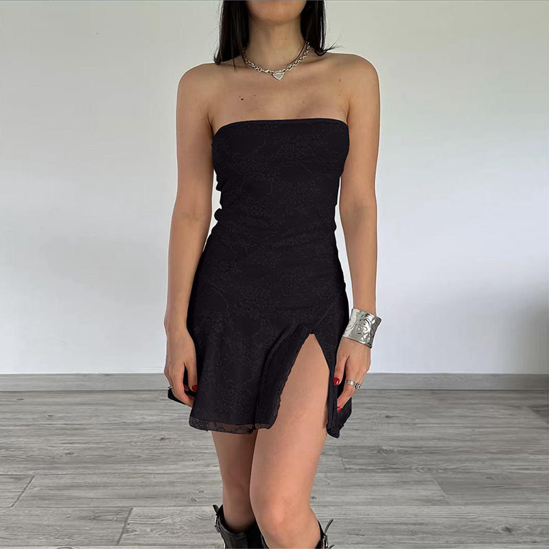 Women Tube Top Stitching Lace Slim Sexy Slit Short Dress Bella Mia