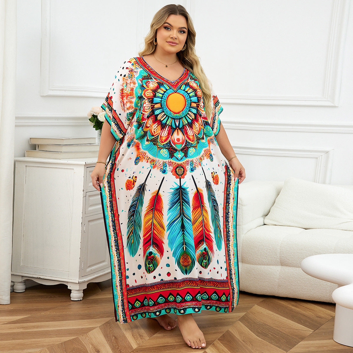 Rayon Positioning Print Holiday Loose Robe Beach Jacket Dress Bikini Cover up Blouse Bella Mia