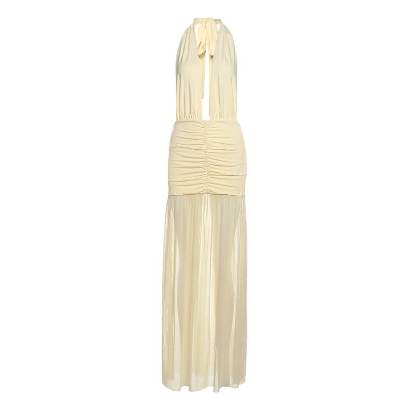 Summer Women Clothing Solid Color Sexy Mesh Stitching Deep V Plunge neck Halter Tied Dress