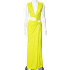 Women Summer Solid Color Sexy Deep V Plunge Hollow Out Cutout Out Slit Slim Fitting Maxi Dress Bella Mia