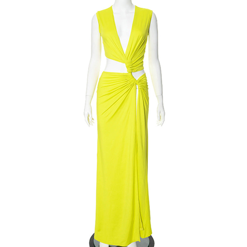 Women Summer Solid Color Sexy Deep V Plunge Hollow Out Cutout Out Slit Slim Fitting Maxi Dress Bella Mia