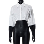 Women Clothing Autumn Polo Collar Stitching Contrast Color Long Sleeves cropped Cardigan Shirt Bella Mia