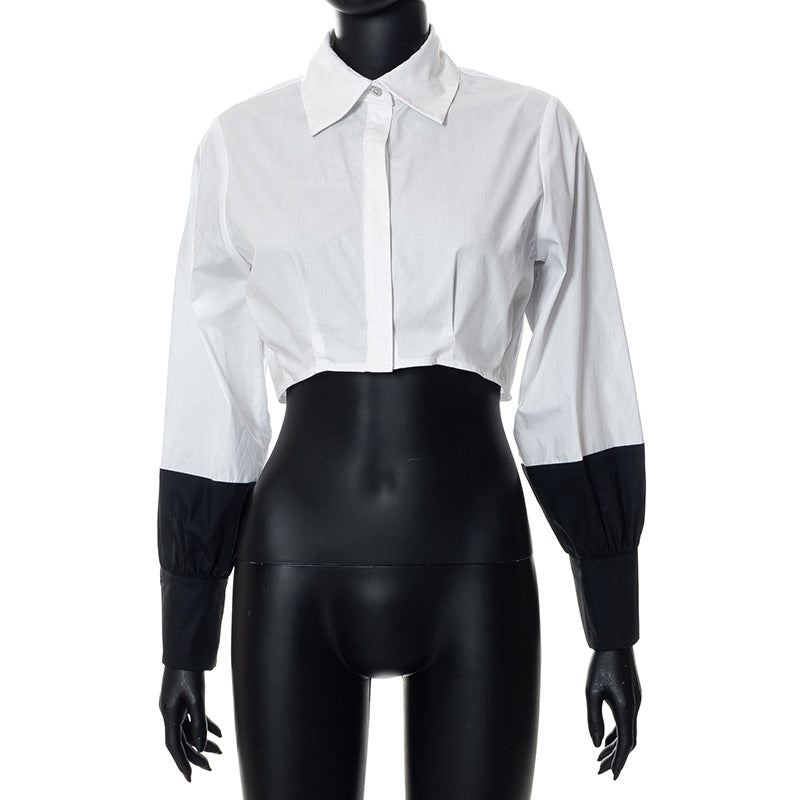 Women Clothing Autumn Polo Collar Stitching Contrast Color Long Sleeves cropped Cardigan Shirt Bella Mia