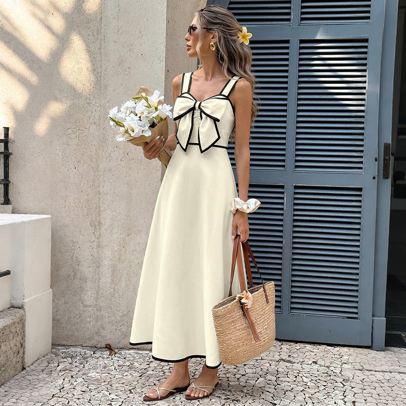 Retro Vacation Color Blocking Bow Waist Trimming Spaghetti Straps Dress