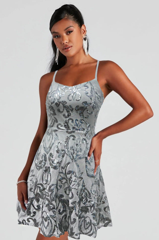 Women Flashing Sequ Loose Mini Dress Cocktail Party Strap Dress Bella Mia