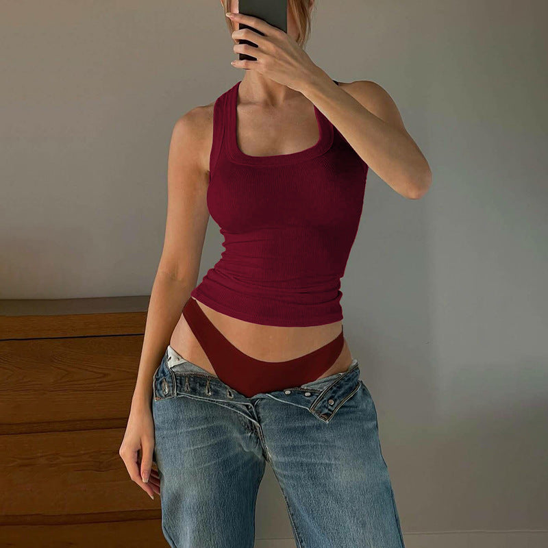 Women Clothing Summer Sexy U Collar Solid Color Slim Fit I Shape Cropped Vest for Women Bella Mia