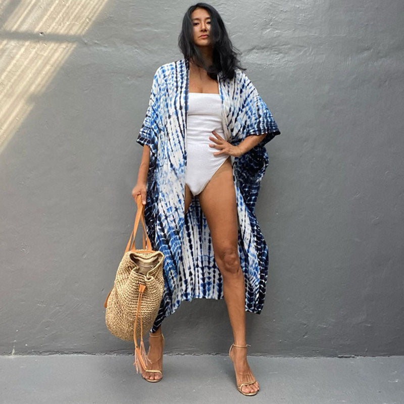 Rayon Printed Beach Cover-up Sexy Cardigan Belt Sun Protection Shirt Beach Cover Up Bella Mia