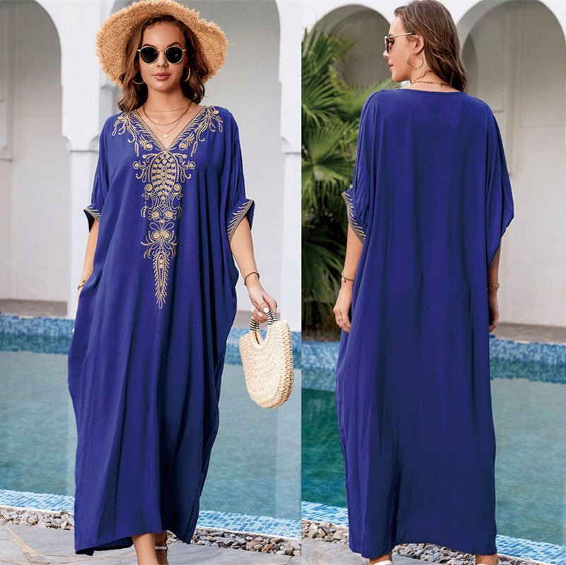 Navy Blue Rayon Embroidered Beach Cover Up Embroidered Robe Loose Sun Protection Shirt Beach Cover Up Bella Mia