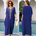 Navy Blue Rayon Embroidered Beach Cover Up Embroidered Robe Loose Sun Protection Shirt Beach Cover Up Bella Mia