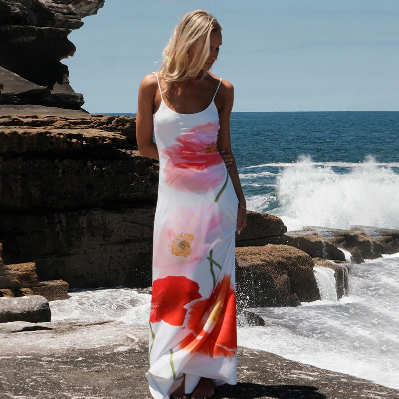 Summer Vacation Printed Maxi Dress Large Floral Contrast Color Strap Backless A line Dress Beach Dress Bella Mia