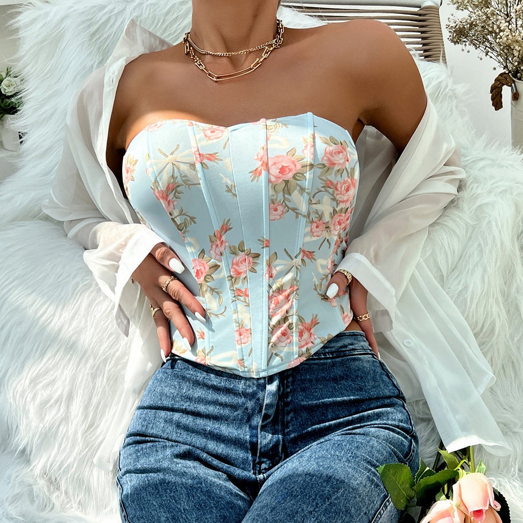 Sexy Low Cut Backless Floral Wrapped Chest Rhombus Boning Corset Waist Vest Bella Mia