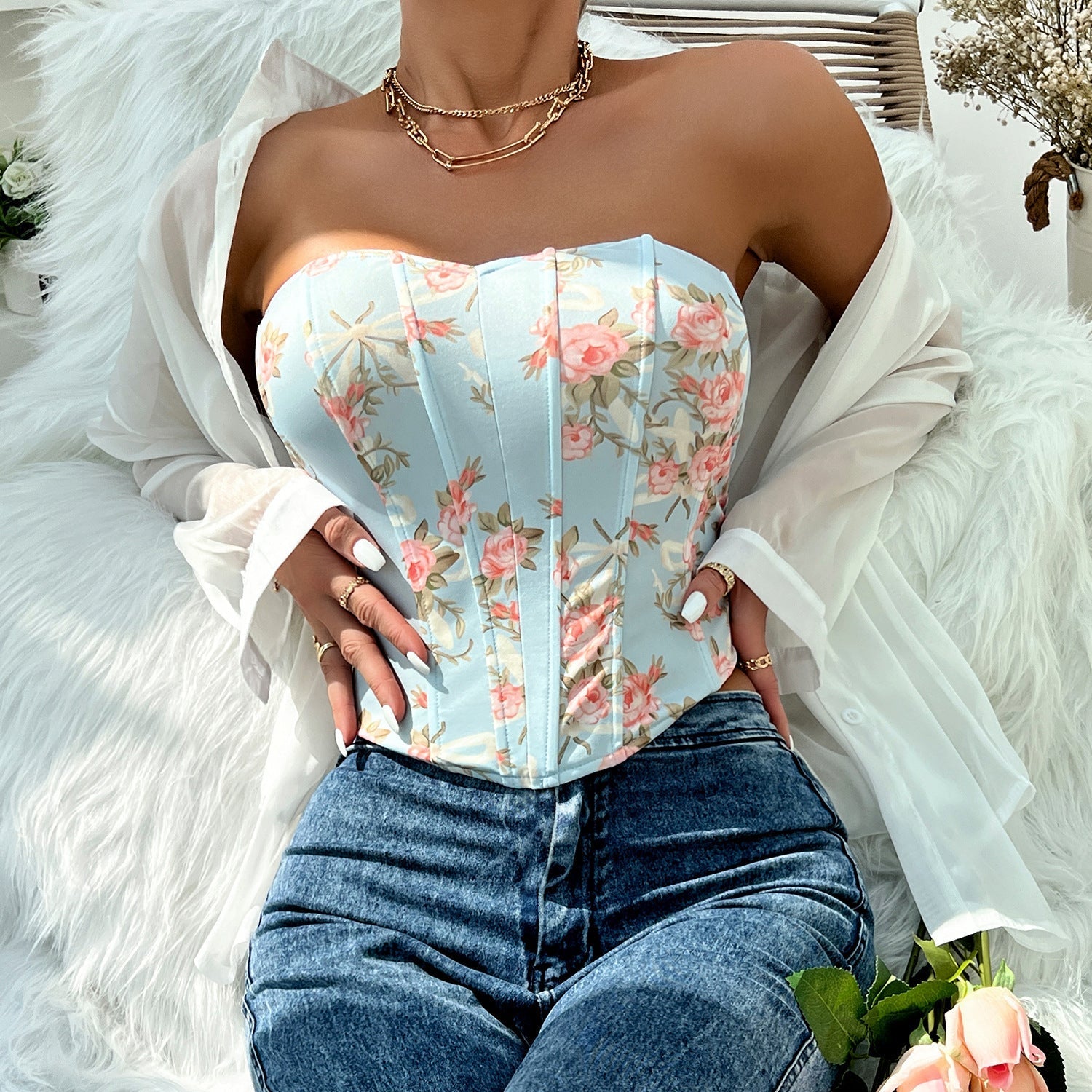 Sexy Low Cut Backless Floral Wrapped Chest Rhombus Boning Corset Waist Vest Bella Mia