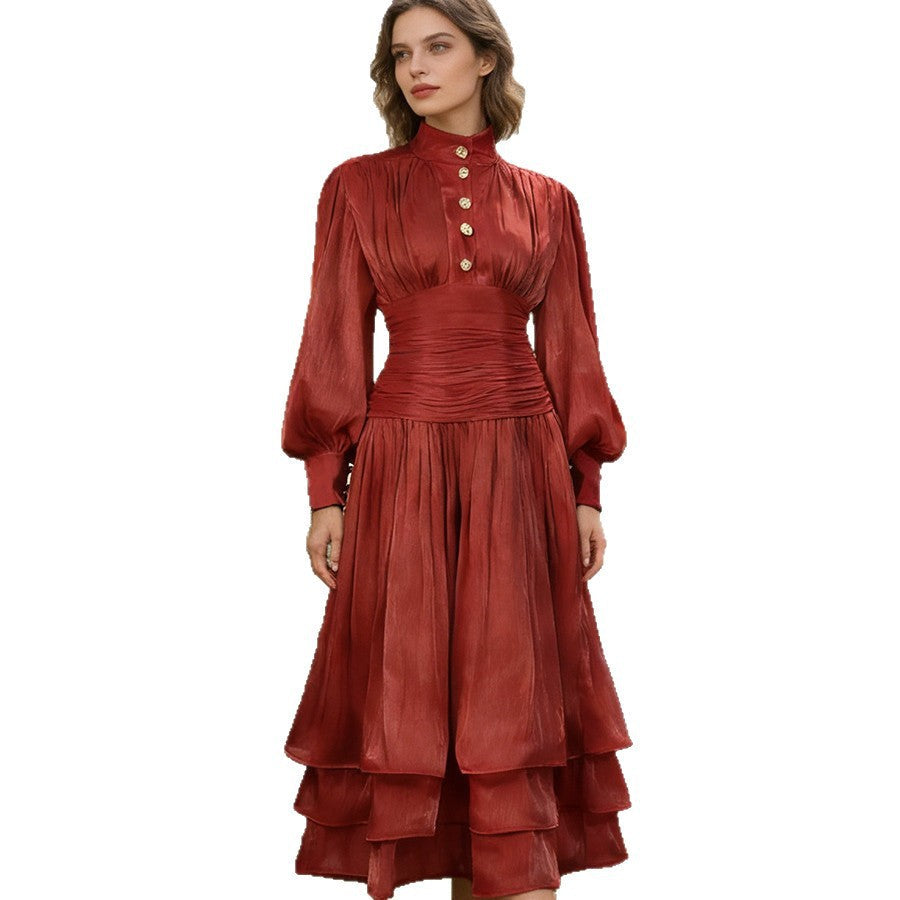 Spring Elegant Retro Lantern Sleeve Breasted Ruffled Maxi Dress Waist Slimming Dress Bella Mia